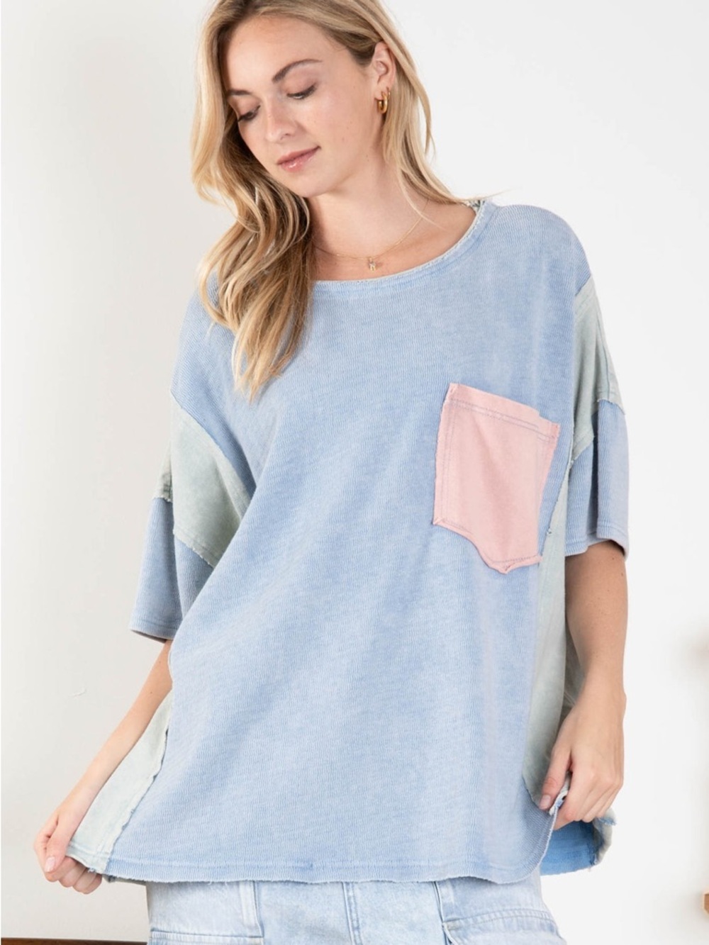 Bluevelvet peace patchwork top Light Blue Short Sleeve Tee with Pink Peace Patch - Picture 2 of 2